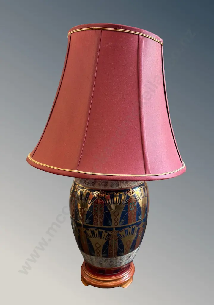 Cobalt Blue, Gilt and Terracotta Table Lamp on Wooden Base with Shade, H67cm Image 1++