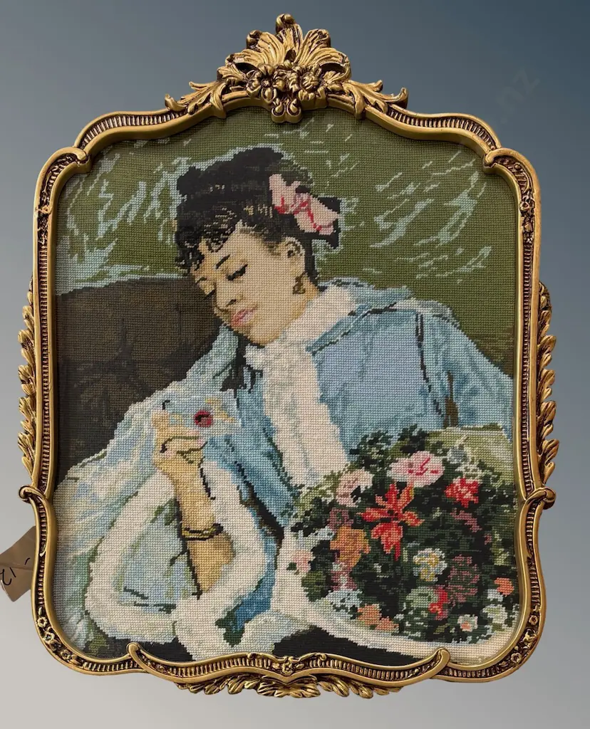 Gilt Framed Tapestry - Woman with Flowers, 580x475mm Image 1++