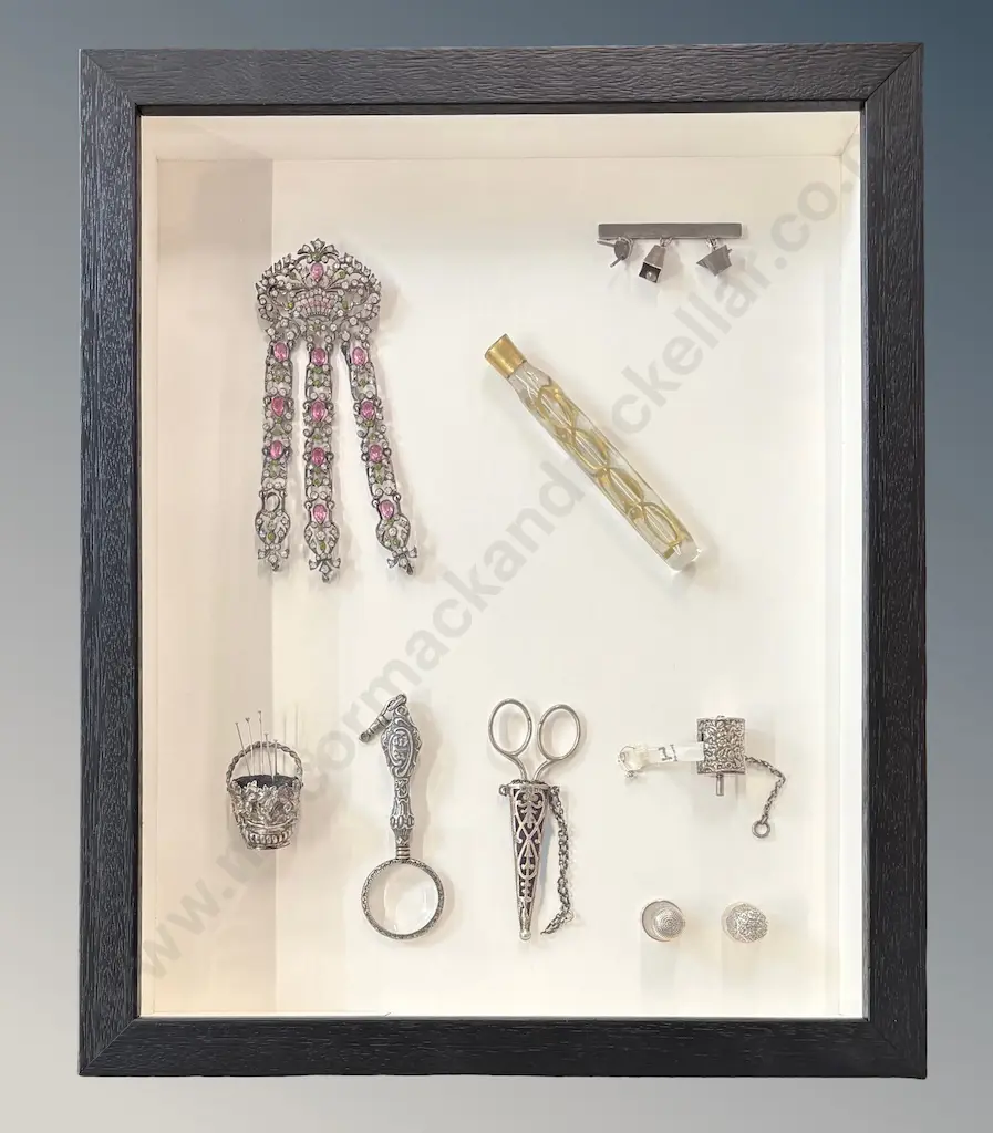 Shadow Box with Sterling Silver and Silver Sewing Accessories, Brooch etc, 335x265cm Image 1++