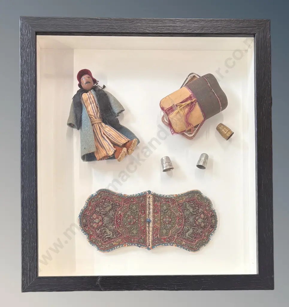 Shadow Box with Embroidered Purse, Folk Art Doll and Thimbles, 330x295 Image 1++