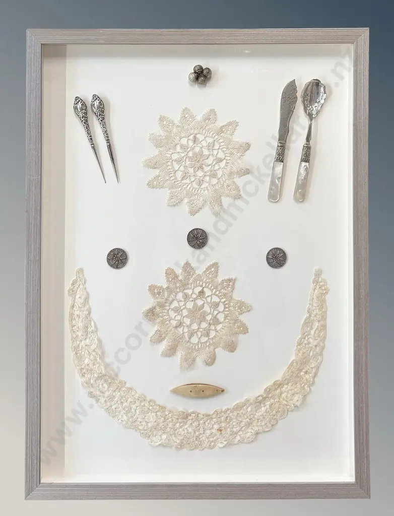 Shadow Box with Sterling Silver Crochet Hooks, Buttons and Handmade Lace etc, 555x395cm Image 1++