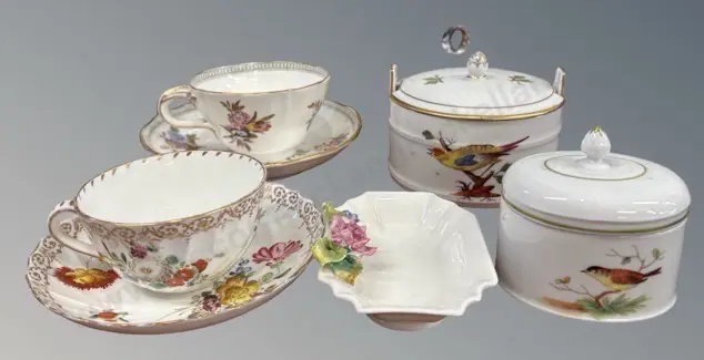 Two Dresden Cup and Saucers, Two Wochst Containers with Birds, Royal Worcester Floral Dish Image 1++