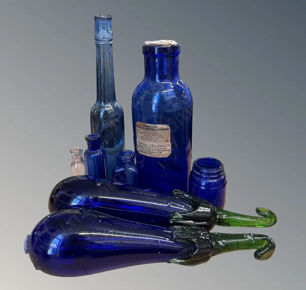 Pair of Blue Glass Handblown Aubergines & Collection of Blue Bottles & Jars, H7-25cm Image 1++