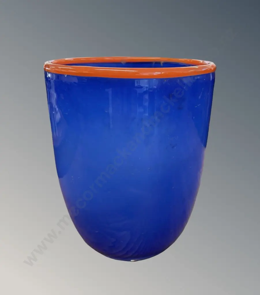 European Art Glass Blue with Orange Rim Vase H21xD17cm Image 1++