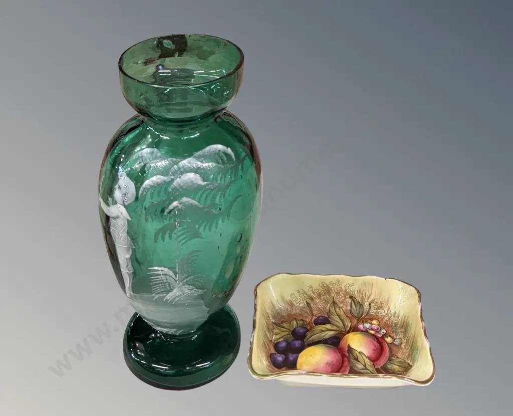 Green Mary Gregory Glass Vase and Aynsley Fruits Dish signed D. Jones H19.5cm Image 1++