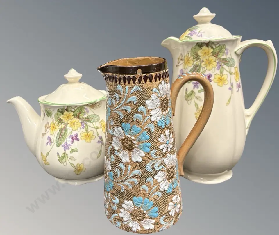 Royal Doulton 'April' Teapot and Hot Water Jug, Royal Doulton Early Floral Jug A/F Image 1++