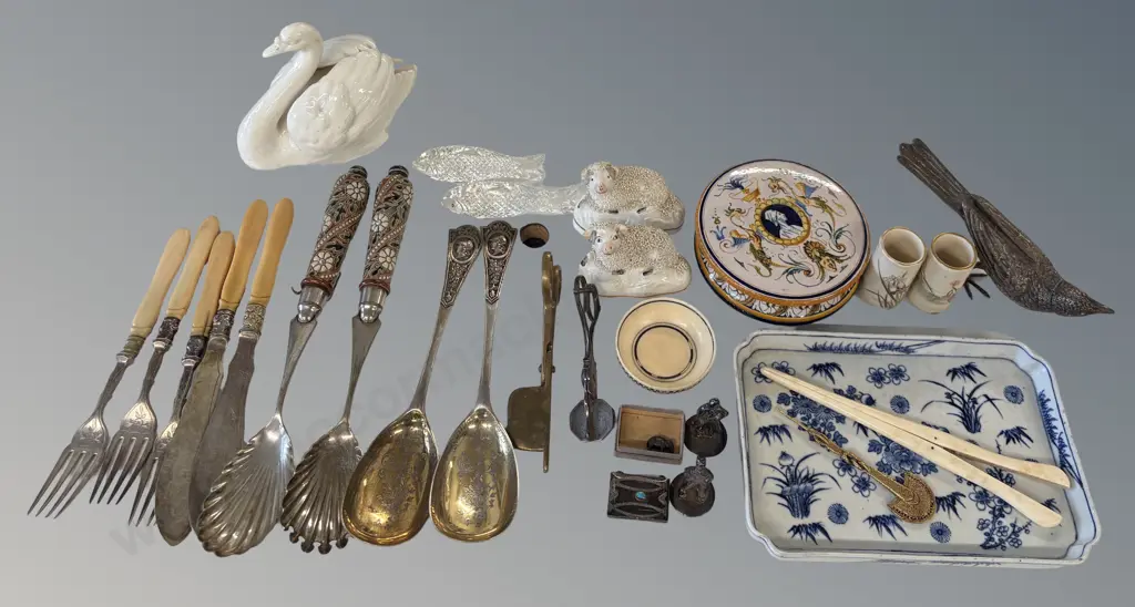 A Collectable Assortment of Curios, Mintons Swan, Early Porcelain, Ivory, Candle Snuffers, Miniature Figures etc Image 1++