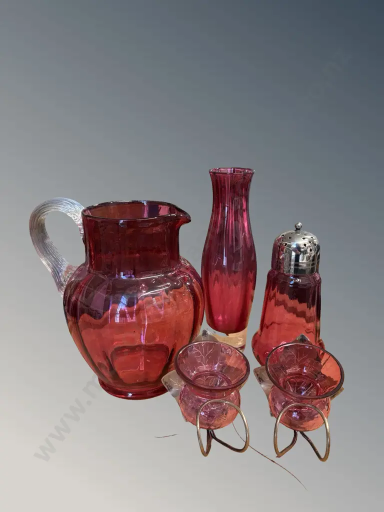 Cranberry Glass Jug, Vase, Pair of Epergnes & Sugar Sifter Image 1++