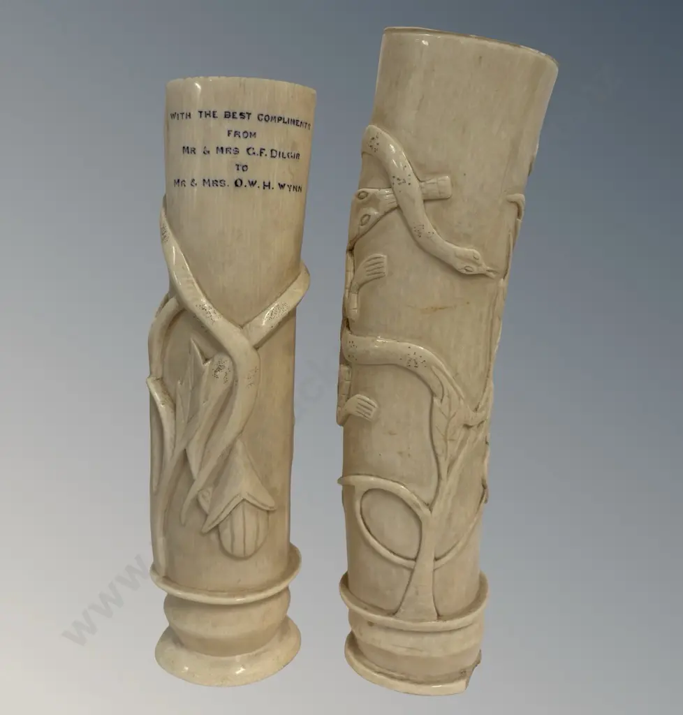 Two Carved Ivory Vases H20.5cm, H22.5cm (AF) Image 1++