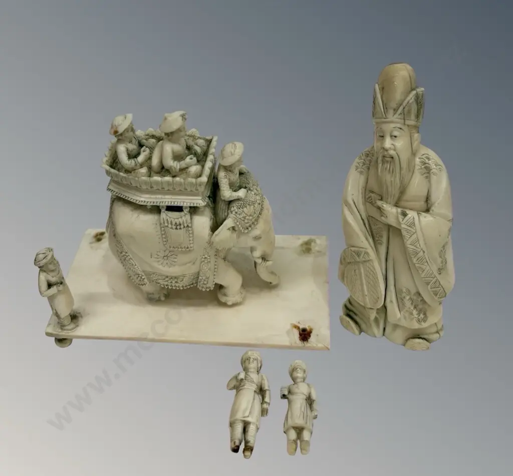 Carved Ivory Elephant and Figures, H11cm, AF Image 1++