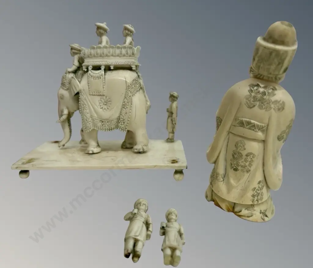 Carved Ivory Elephant and Figures, H11cm, AF Image 1++