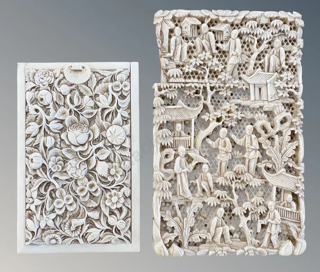 Two Intricately Carved Ivory Card Boxes L11cm and 8.5cm, one AF Image 1++