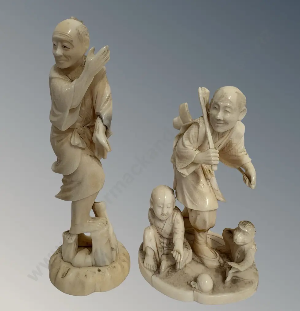 Two Ivory Figures - Tai Chi Man H11cm & Traveller with Boy & Monkey H13cm (AF) Image 1++