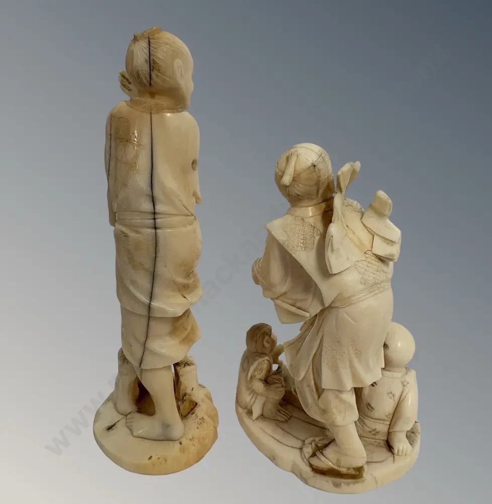 Two Ivory Figures - Tai Chi Man H11cm & Traveller with Boy & Monkey H13cm (AF) Image 1++