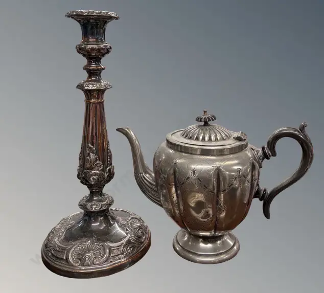 Silver with Scallop Shell Pattern Candlestick, H31cm and Silver Teapot Image 1++