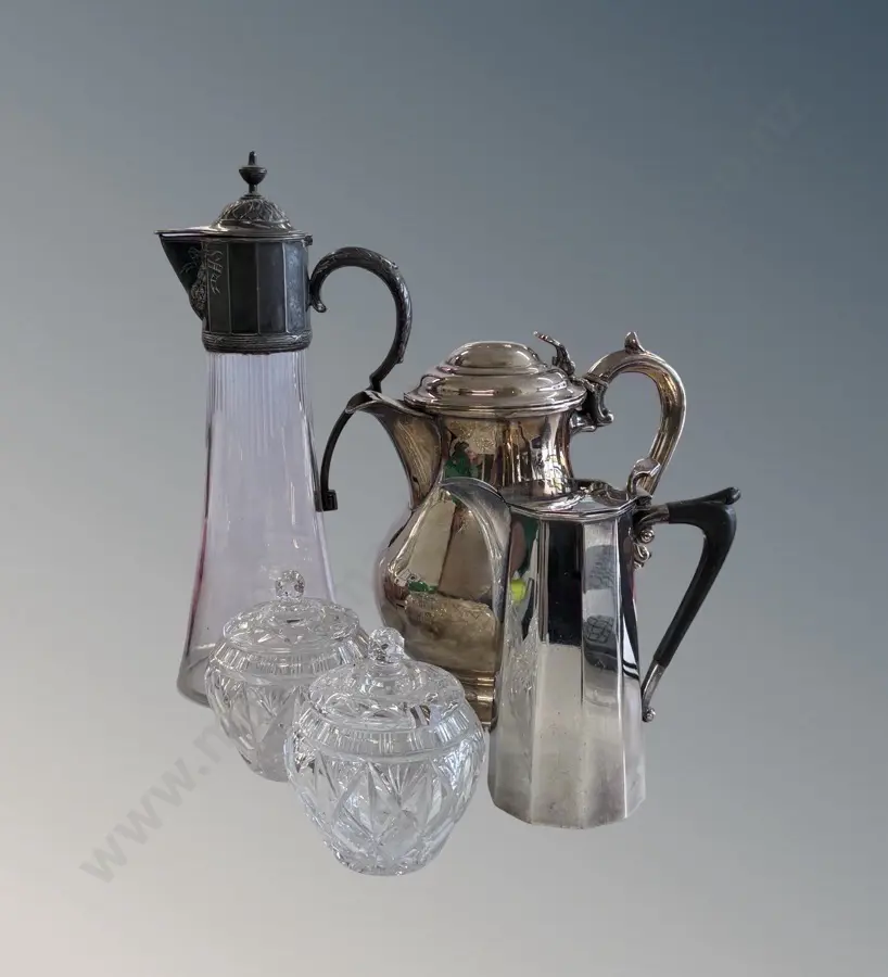Two Silver Hot Water Jugs, Claret Jug & Two Cut Glass Condiment Jars Image 1++