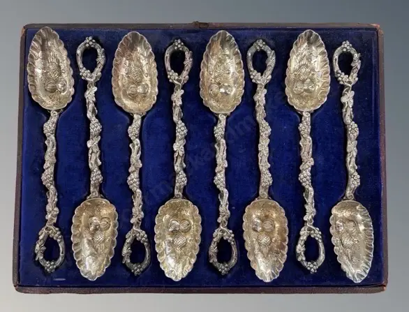 Leather Cased Set of Eight Ornate Silver Berry Spoons, one AF Image 1++