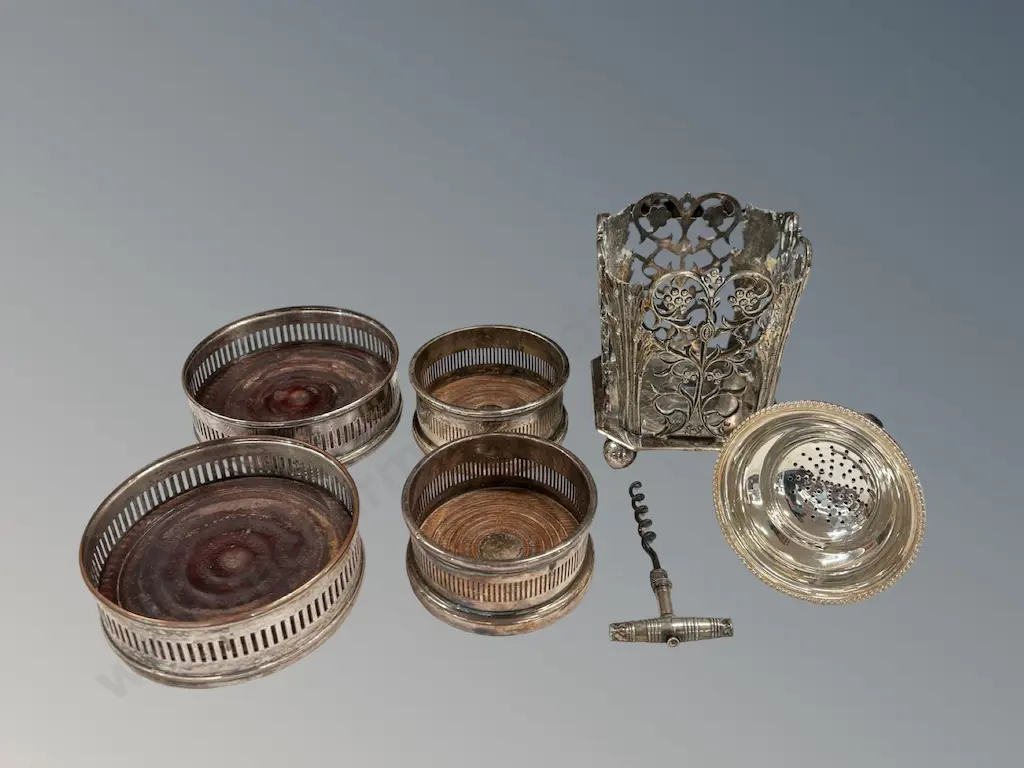 Wooden Based Silver Coasters, Ornate Footed Bottle Holder, Corkscrew and Wine Funnel Image 1++