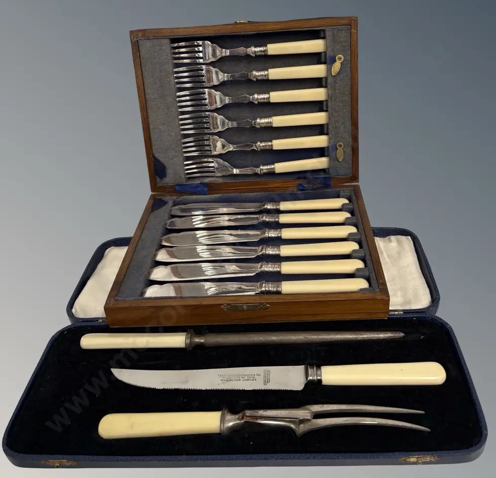 Cased Boned Handled Carving Set & Boxed Fish Cutlery Set Image 1++