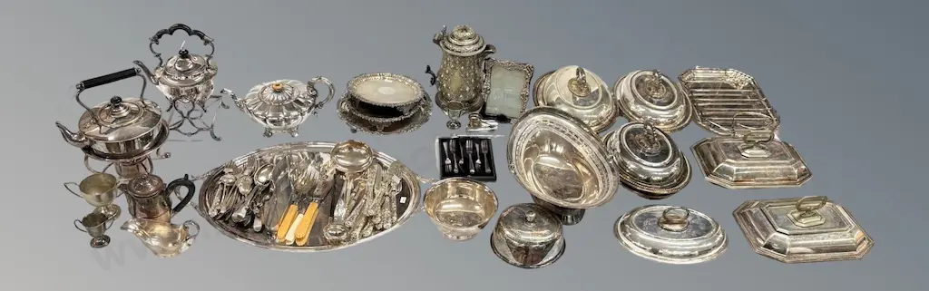 Large Quantity of Silver Plate Spirit Kettles, Teapots, Salvers, Entree Dishes, Flatware etc Image 1++