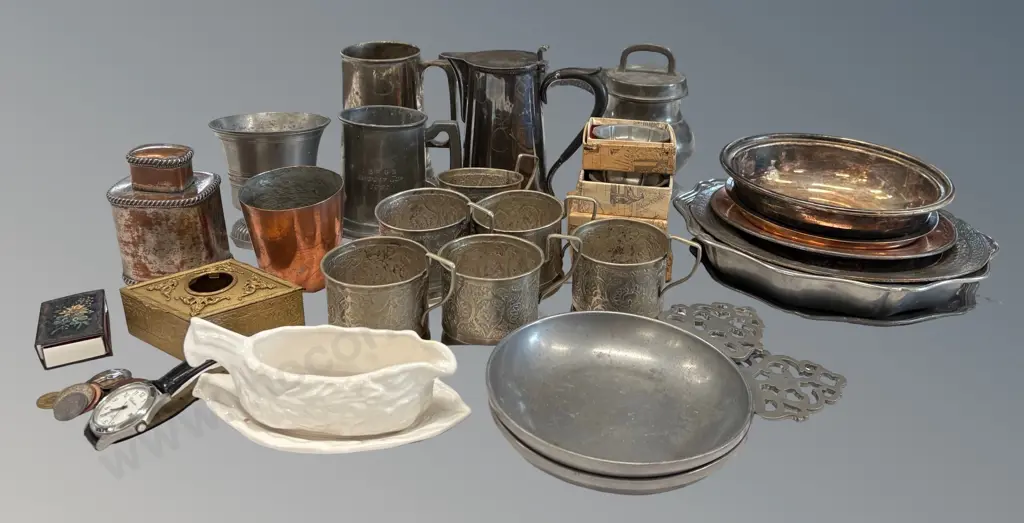 Selection of Pewter Tankards, Trays, Dishes, Tastevins, Copper Trays Tea Caddy etc  Image 1++