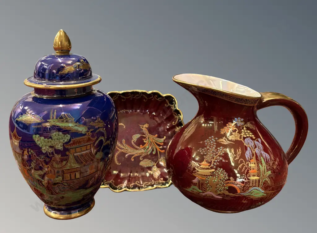 Crown Devon 'Pagoda' Jug, Dish and Carlton Ware 'Makado' Ginger Jar Image 1++