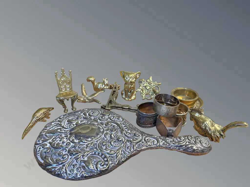 Silver Embossed Hand Mirror, Vase, Napkin Rings and Brass Figures etc Image 1++