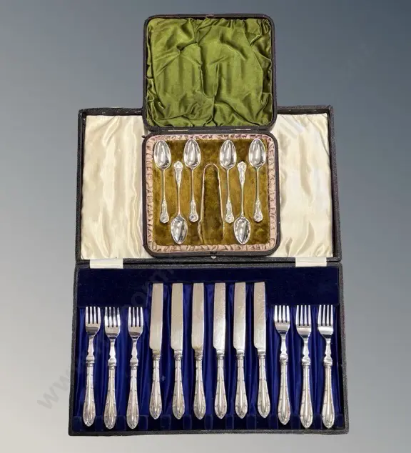 Cased Silver Fruit Knives and Forks & Teaspoons and Sugar Tongs Image 1++