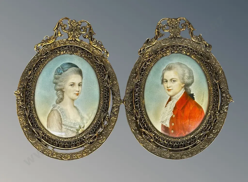 Pair of Hand Painted Miniatures by N Renner in Filigree Brass Frame Image 1++