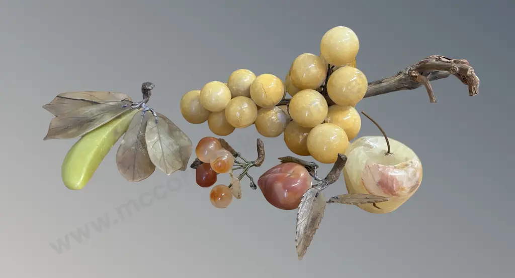 Polished Stone Grapes, Apple, Banana, Cherry, Peach Figural Pieces Image 1++