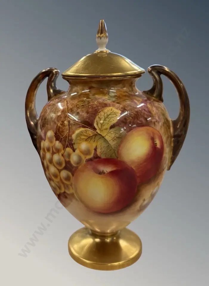 Royal Worcester Fruit Pattern Pedestal Vase signed N. Bunegar, H17cm, AF repair to lid Image 1++