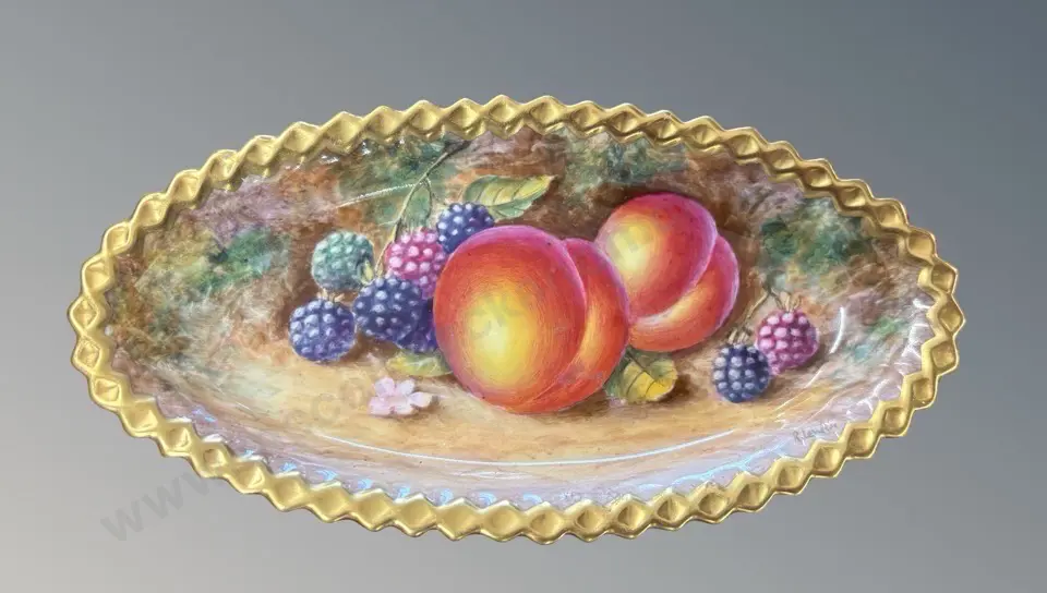 Royal Worcester Fallen Fruit Pattern, Gold Rimmed Dish, signed Lewis, L18cm, hairline crack Image 1++