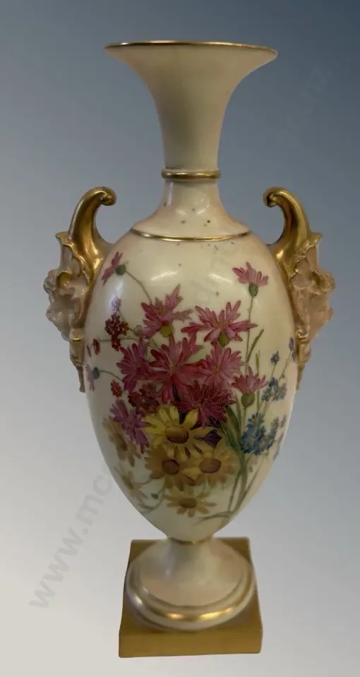 Royal Worcester 2 Handled Vase, Gilt & Floral Design, H20cm Image 1++
