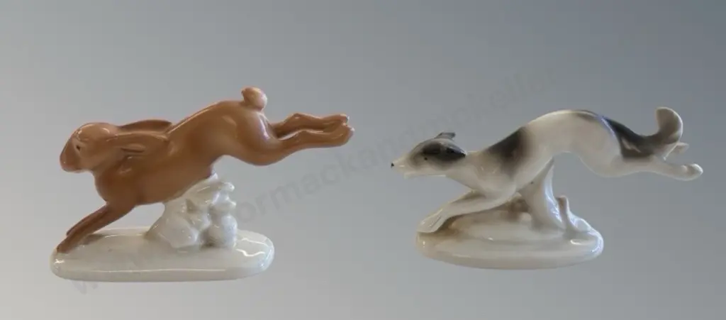 Bavarian Porcelain Hare and Greyhound Figures, H5.5cm Image 1++