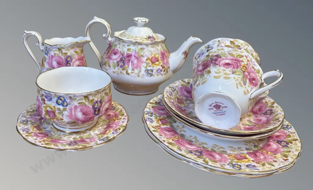 Royal Albert Serena Tea Set - Teapot, Creamer, Sugar, 2 Trios, AF Teapot Image 1++