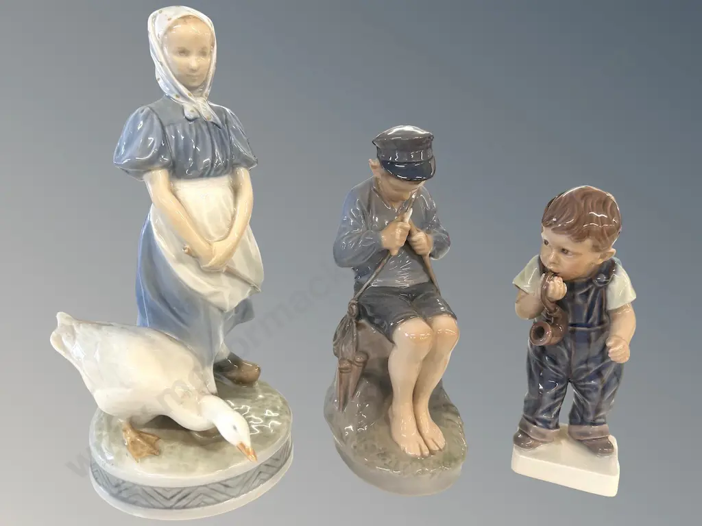 Three Royal Copenhagen Figurines - Girl with Goose, H23cm, Boy Whittling, H20, Small Boy with Pipe, H17cm Image 1++