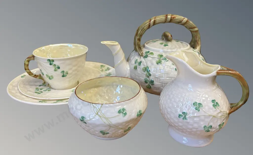 Belleek Porcelain Tea Set - Teapot, Creamer, Sugar, Trio Image 1++