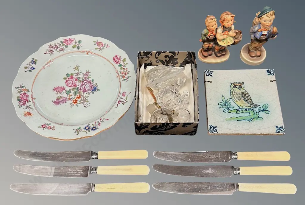 West German Figure Ornaments, Owl Tile, Plates, Bone Handled Knives and Assorted Stoppers Image 1++