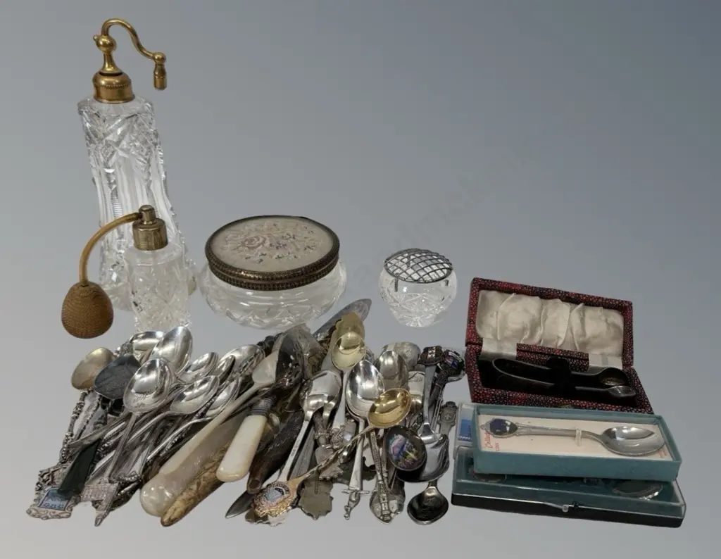 Two Cut Glass Perfume Bottles (AF missing atomiser), Vanity Jar, Miniature Posy Vase & Assorted Silver Plate Cutlery  Image 1++