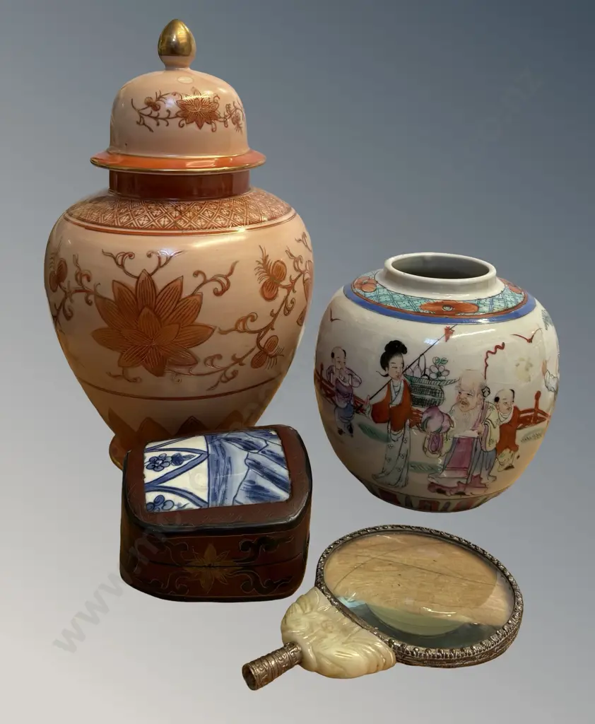 Oriental Ginger Jars H14-25cm, Porcelain Inset Lidded Box & Magnifying Glass with Carved Jade Fixture (AF no handle) Image 1++