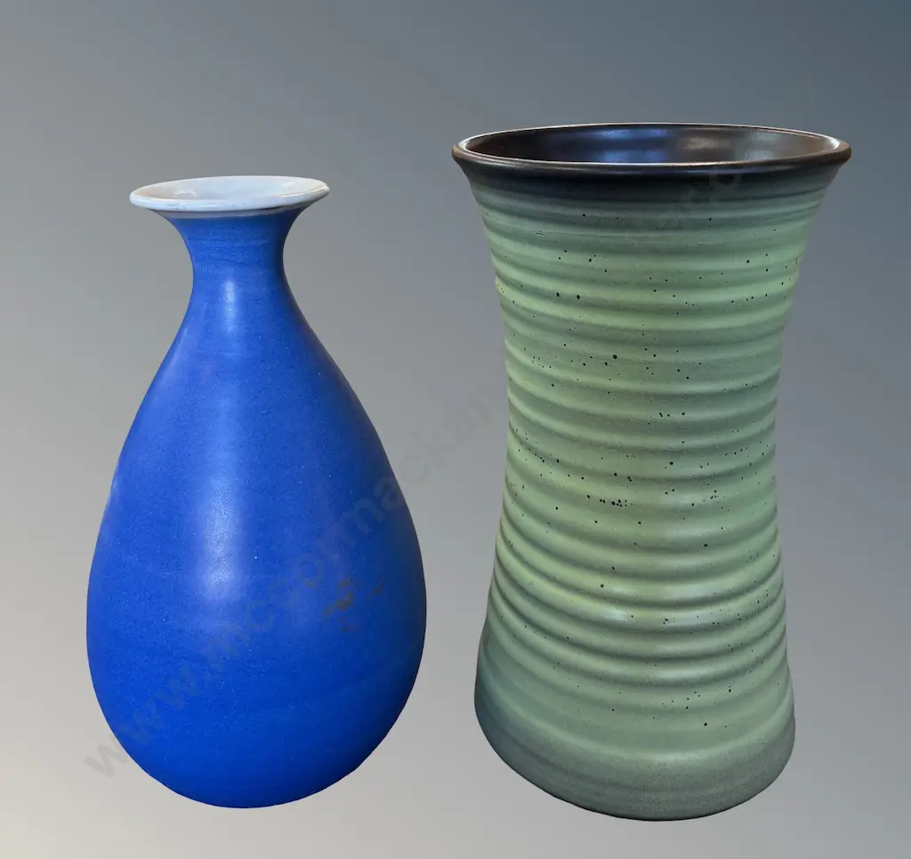 Two MacMillan Pottery Vases - Mint Dappled Rib and Blue Bottle Shaped H27-28cm Image 1++