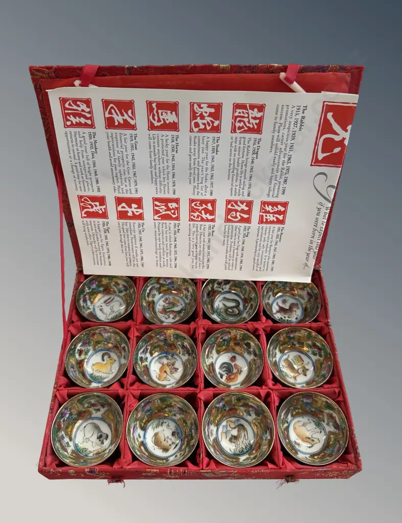 Boxed Set of 12 Chinese Porcelain Zodiac Animal Sake Cups Image 1++