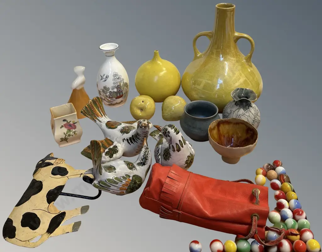 Collection of Italian Handpainted Birds, NZ Pottery, Chameleon Ware, Vintage Marbles in Leather Pouch, etc Image 1++