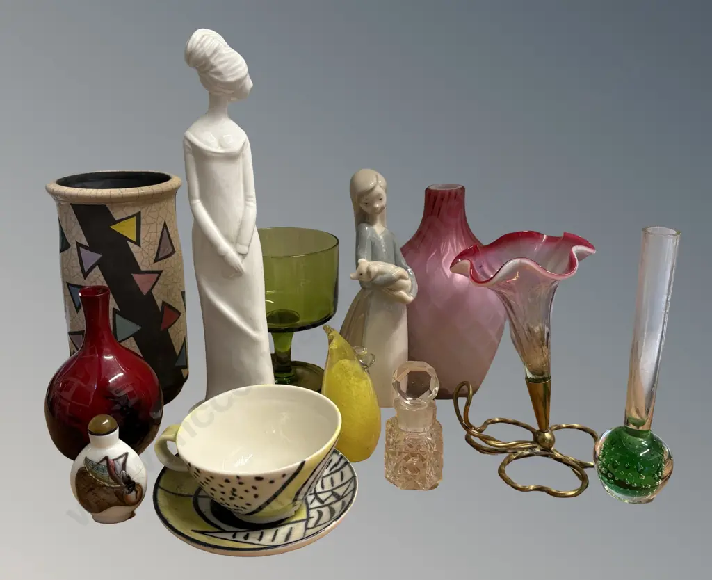 Assorted Decorative Pieces - Art Glass, Spode & Lladro Figures, NZ Pottery, Epergne, Royal Doulton Vase (AF) etc Image 1++