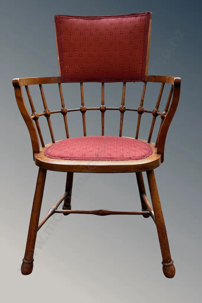 Mahogany Upholstered Elbow Chair with Ball Turned Spindle Back Image 1++