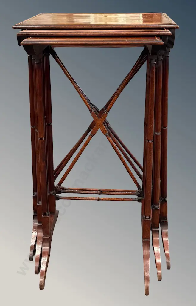 Mahogany Nest of 3 Tables on Turned Legs with Cross Band, H71-74xL35-45xD35cm Image 1++