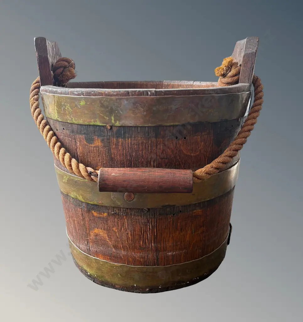 Oak and Brass Bound Plank Bucket, H32cm Image 1++