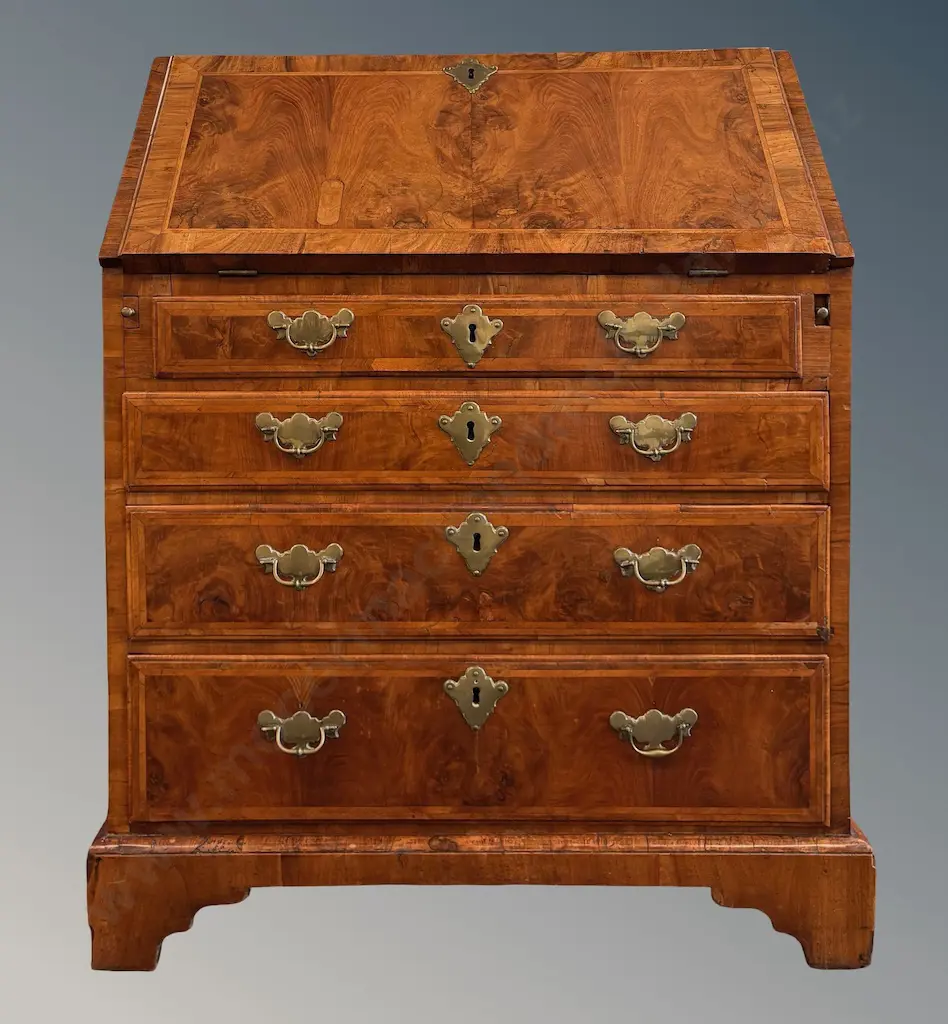 Walnut Writing Bureau with 4 Drawers, Fitted Interior and Brass Drawer Pulls, Escutcheons L77xH97xD50cm Image 1++