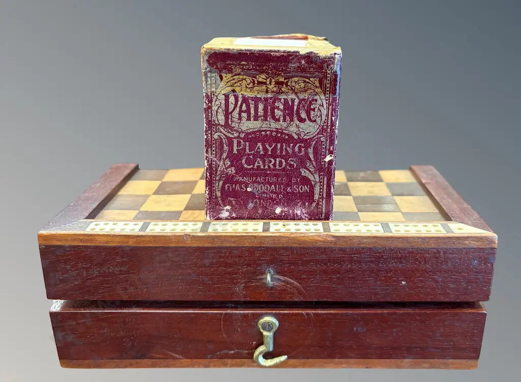Boxed Wooden Dominoes and Checkers Set and Patience Playing Cards Image 1++