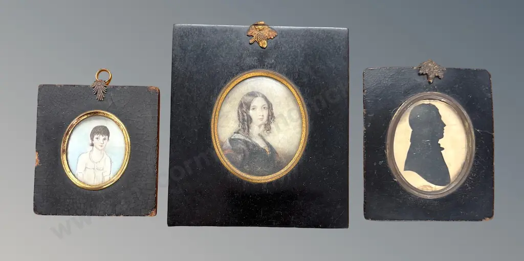 Two Victorian Hand Painted Porcelain Miniatures and One Silhouette Image 1++